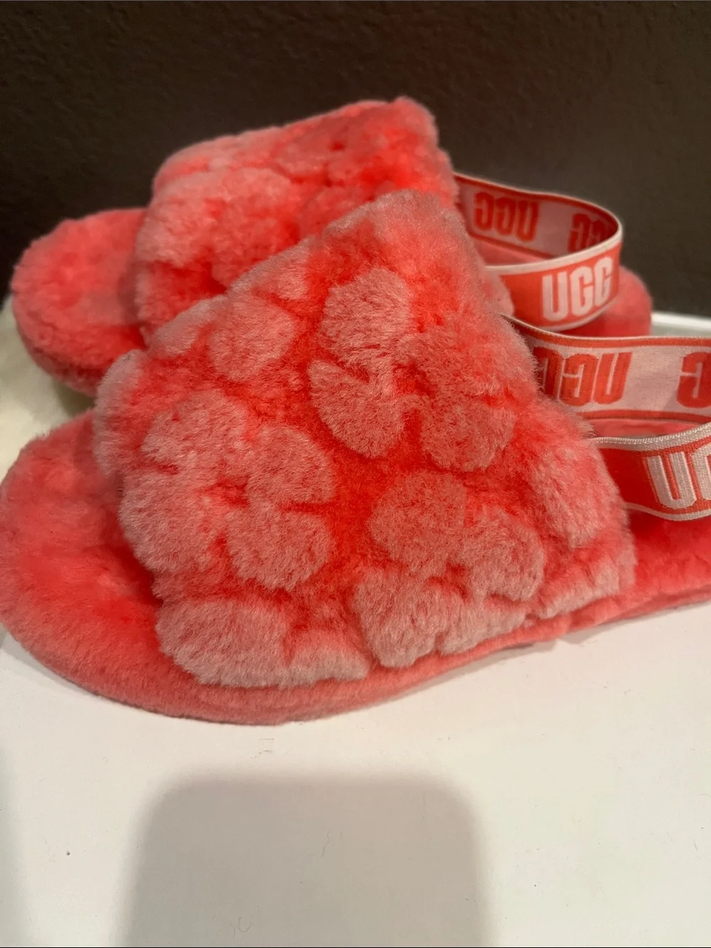 UGG Kids Coral-Pink Fluff Slide Sandals